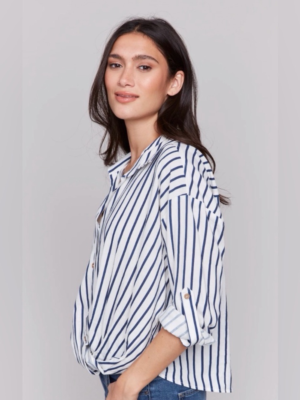 Zara Striped Roll Up Sleeves Shirt with front Twist - Picture 2 of 7